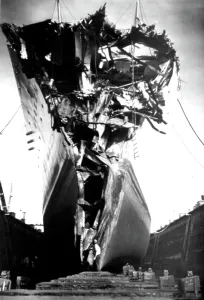 Ship Prints: Andrea Doria Disaster. This head-on view of the mangled remnant of the bow of the Swedish ocean liner Stockholm