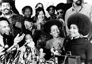 Angela Prints: Angela Davis attended her first news conference 2/24/72 since being released on bail & told an audience of 200 newsmen