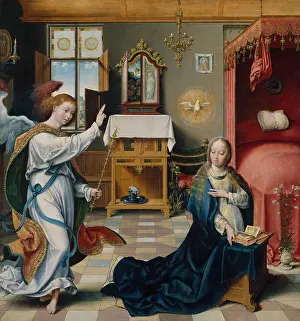 THE ANNUNCIATION, by Joos van Cleve, 1525, Netherlandish, Northern Renaissance oil painting. The Angel Gabriel and Virgin Mary within an elaborately furnished interior