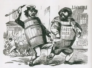 Nativists Prints: Anti-Immigrant cartoon showing two men with barrels as bodies
