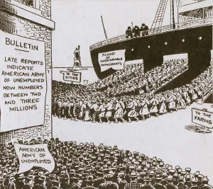 Jobless Prints: Anti-immigration cartoon of shows disembarking immigrants heading for the American cities as an army of unemployed