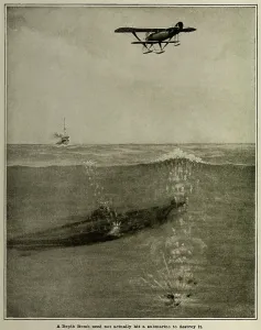 Defense Prints: Anti-submarine depth-charge dropped from an airplane explodes underwater near a submerged U-boat
