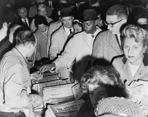 Newspapers Prints: Anxious New Yorkers buying newspapers during the Cuban Missile crisis. October 1962