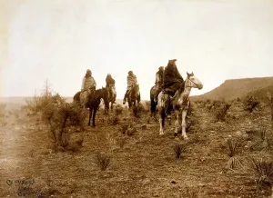 Curtis Prints: Apaches. Desert rovers- Five Apache on horseback in desert
