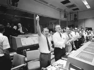Cheering Prints: Apollo 13 Flight Directors applaud successful splashdown of Command Module Odyssey while Dr