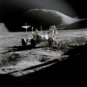 Spacesuits Prints: Apollo 15 astronaut James Irwin works at the Lunar Roving Vehicle at the Hadley-Apennine landing site