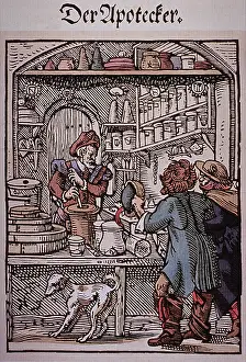 Potion Prints: The Apothecary. Two men approach a pharmacy as the druggist makes medications
