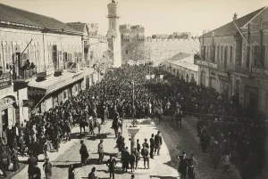 Middle East Prints: Arab anti-Zionist demonstration leaving Jaffa Gate after Friday prayers in Jerusalem in 1920 (BSLOC_2017_1_190)