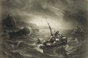Coastlines Prints: Arab Corsairs attacked by fishermen when they flee with their loot. Engraving c