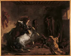 1860 Prints: Arab Horses Fighting in a Stable