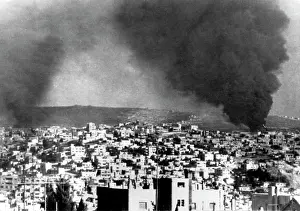 Arab Israeli Prints: Arab-Israeli War, smoke from battles between Jordanian forces and Palestinian guerrillas