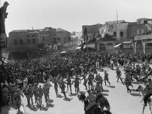 Middle East Prints: Arab protestors with clubs charged by British police in Jaffa
