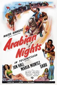 Arabian Prints: ARABIAN NIGHTS, US poster art, top, from left, Jon Hall, Maria Montez, 1942