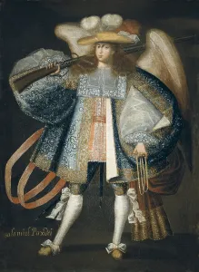 18th C Prints: Archangel with Gun. 18th c. Painting of the Maestro de Calamarca's circle