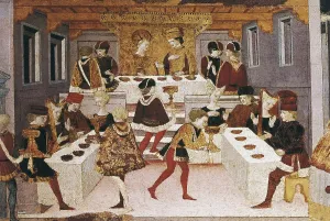 Arcon Jarves, Master of- (15th century). The Story of Alatiel Tavoli. s.XV. Deatil of banquet. Gothic art. Oil on wood. ITALY. Venice. Correr Museum