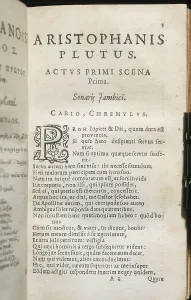 ARISTOPHANES (445-380 BC). First page from the play "Plutus" or "Wealth" of Aristophanes. Edition printed in Leyden in 1624