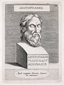 Aristophanes 445 380 Bc Prints: ARISTOPHANES (445-380 BC). Portrait of Aristophanes from the book 'Illustrium imagines' of 1606
