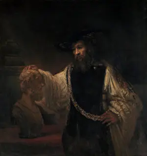 Greek Prints: ARISTOTLE WITH THE BUST OF HOMER, by Rembrandt, 1653, Dutch painting, oil on canvas