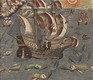 Boats Prints: An armed sailing ship encounters winged flying fish on the Atlantic Ocean