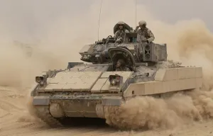 Iraq Prints: An Army Bradley Fighting Vehicle kicks up dust as it leaves for a mission from Forward Operating Base MacKenzie in Iraq
