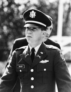 Defendant Prints: Army Lt. William L. Calley upon arrival at his pre-trial hearing for his forthcoming court-martial
