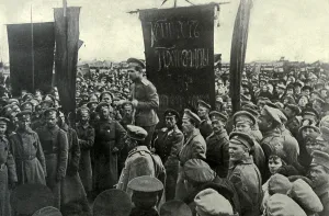 Petrograd Prints: Army officer addressing his men during the Russian Revolution. St. Petersburg. 1917