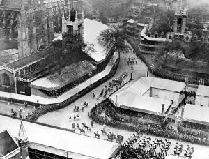 Loyalty Prints: ARRIVING FOR CORONATION A general view taken from the Big Ben Tower of the houses of parliament showing the royal coach
