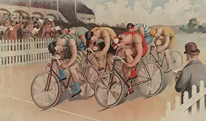 Shorts Prints: Art poster of six bicyclists racing past cheering spectators watching from a race track grand stand