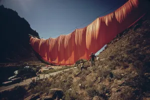 Curtains Prints: Artist Christo's 400 meter six-ton orange curtain across Rifle Gap in Colorado