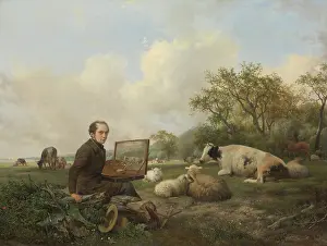 Palette Prints: Artist Painting a Cow in a Meadow