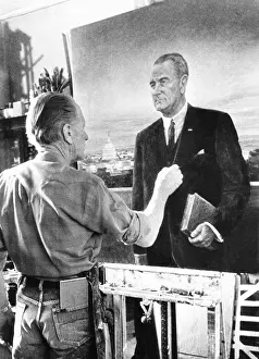 Easel Prints: Artist Peter Hurd finishing the official White House portrait of President Lyndon Johnson