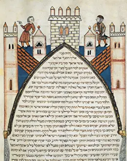 ASARFATI, Josef or Joseph (ca. 1299). Jewish Cervera Bible. ca. 1299. Fortress bastion, a lookout gives the alarm