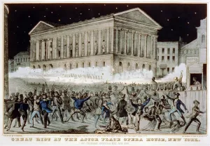 Massacre Prints: Astor Place Riot. New York state militia firing at rioters outside Astor Place Opera House