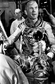 Space Suit Prints: Astronaut John Glenn after another postponement of his sheduled orbit of the earth