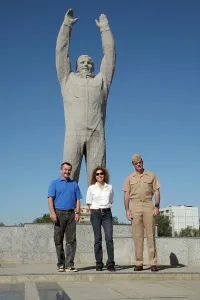 June Prints: US Astronauts and Russian Cosmonauts pose in front of a monumental statue of Yuri Gagarin