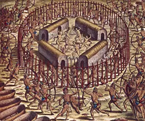Theodor Prints: Attack on a village by Tuppinjkinsij Indian clan