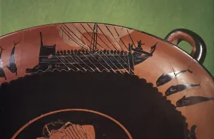 Attic cup woth warship. 5th c. BC. Black-figure pottery. Classical Greek art. Ceramics. UNITED KINGDOM. London. The British Museum