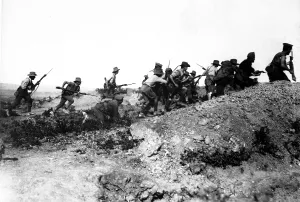 Attacks Prints: Australian World War I troops charging near a Turkish trench