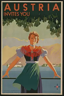 Austria Prints: Austria Invites You! 1934 travel poster shows young woman in front of stylized village and mountains
