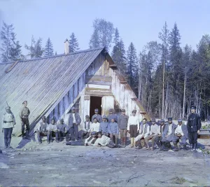 Barracks Prints: Austrian prisoners of war near a barrack