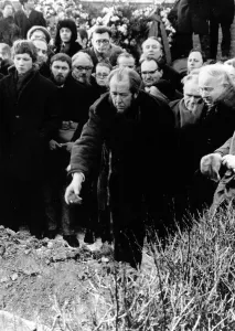 Alexander Prints: Author Alexander Solzhenitsyn tosses earth on coffin of Alexander Tvardovsky at funeral