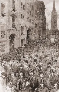 Wall Street Prints: An avalanche of telegraphic tape falls on New York's Wall Street during the 1888 presidential election campaign