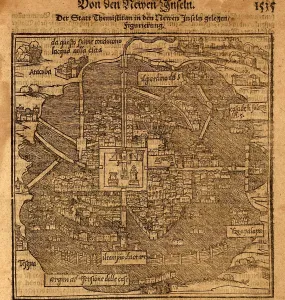 Tenochtitlan Prints: Aztec capital, Tenochtitlan, now Mexico City, from a 1597 map by Sebastian Munster