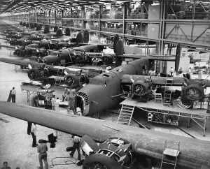 Bombers Prints: B-24 Liberator bombers nearing completion on the assembly line at the Consolidated Aircraft Corporation plant