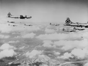 Air Force Prints: B-29s formation is shown dropping bombs over enemy territory in Korea