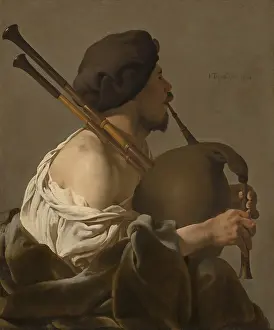 1650s Prints: Bagpipe Player, by Hendrick ter Brugghen, 1624, Dutch painting, oil on canvas