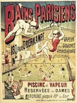 Swimming Pool Prints: Bains Parisiens'. Advertisment marking the time for women to go the the public baths in Rue Oberkampf