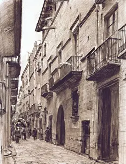 BAIXERAS i VERDAGUER, Dionis (1862-1943). Montcada Street. Drawing. SPAIN. Barcelona. Barcelona City History Museum. - J