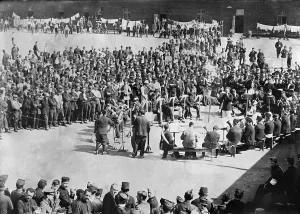 Captured Prints: Band playing at a German WW1 Prison Camp. 1914-18. (BSLOC_2012_4_180)