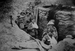 Bandages Prints: Bandaged British World War 1 soldiers in a battlefield trench